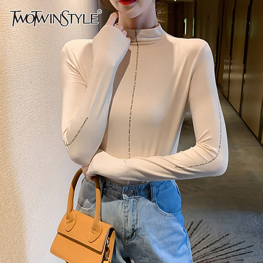 TWOTWINSTYLE Minimalist Women's T Shirt Turtleneck Slim Less Is More Korean Shirts For Women 2019 Autumn Large Size Fashion New