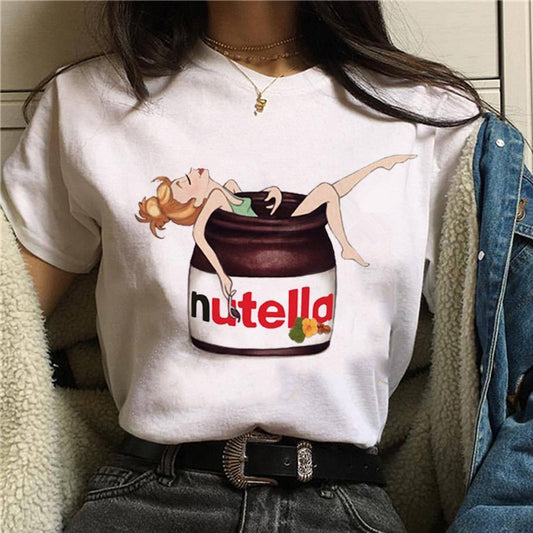 T-shirt imprimé Nutella Kawaii pour femme, style années 90, Harajuku, Ullzang, à la mode, graphique, dessin animé, mignon, style coréen