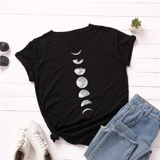 T-shirt imprimé New Moon Planet grande taille S-5XL pour femmes, 100 % coton, col rond, manches courtes, été, décontracté