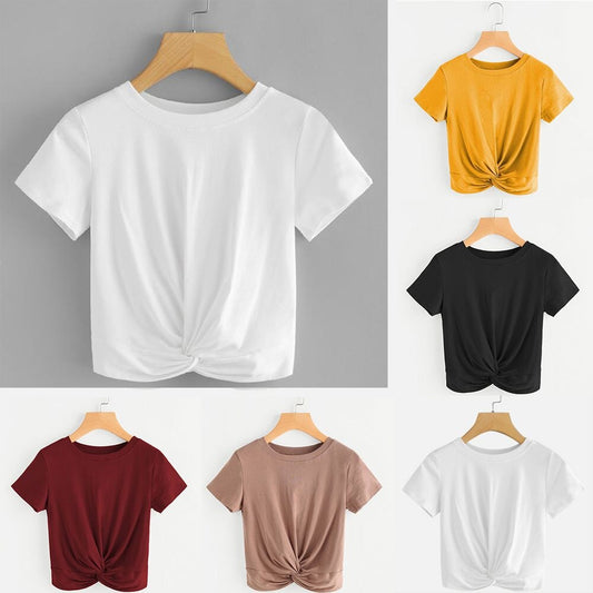 Basic T Shirt Women Casual loose Solid O Neck Short Sleeve Twist Front Crop Tee daily Tshirt Tops poleras mujer футболка женская