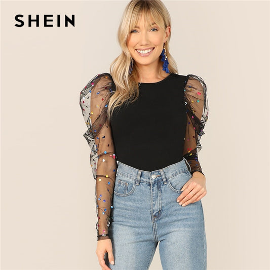 SHEIN T-shirt moulant à manches bouffantes et col rond pour femme, coupe slim, noir, à pois colorés, pour soirée et club