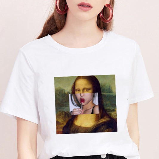 Mona Lisa T shirt Women spoof personality fashion Tshirt summer 2019 Harajuku aesthetics Short Sleeve White Tops Female T-shirt