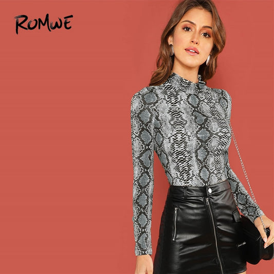 ROMWE Mock-Neck Snake Skin Print Fitted Tee Long Sleeve Slim Spring Stand Collar T Shirt Women Autumn Fashion Ladies Tops