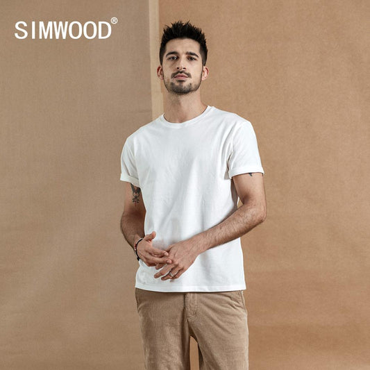 SIMWOOD 2019 summer new 100% cotton white solid t shirt men causal o-neck basic t-shirt male high quality classical tops 190449
